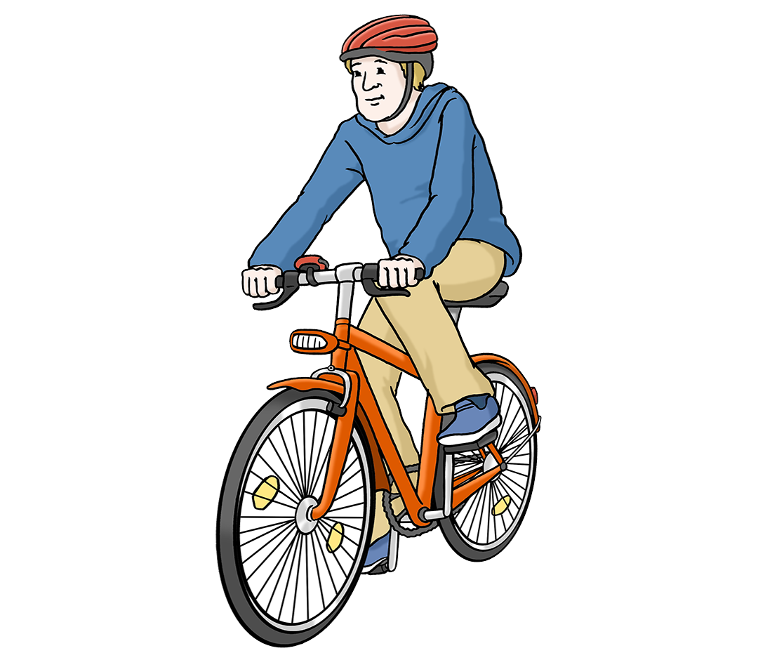 Person mit Fahrradhelm fährt auf einem orangefarbenen Fahrrad.